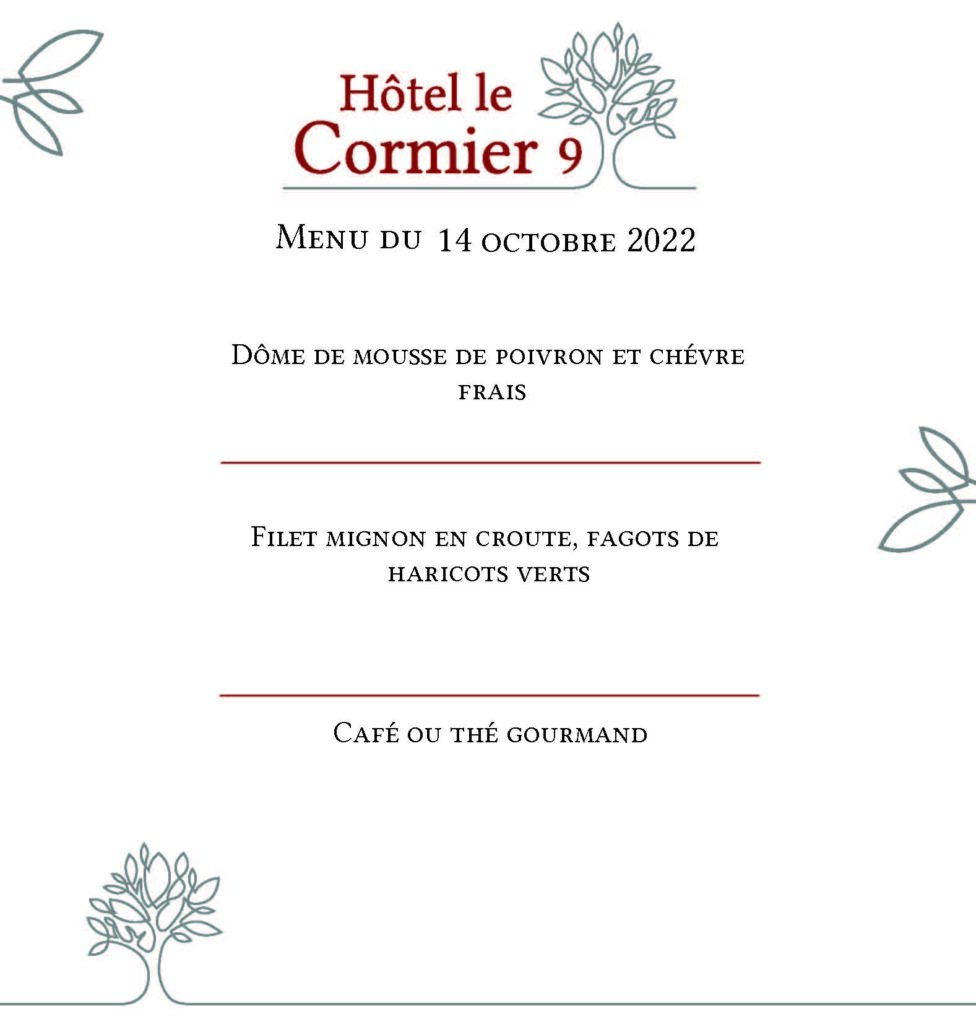 Menu du 14 octobre 2022 - Restaurant Le Cormier 9 à Cholett